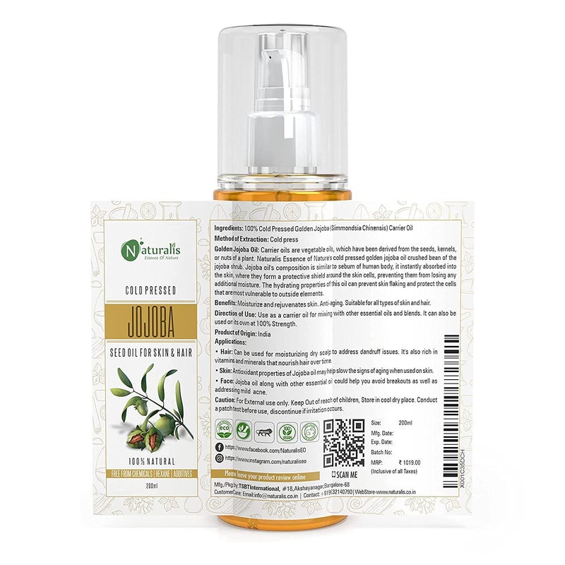 Naturalis Essence Of Nature Cold Pressed Jojoba Carrier Oil For Skin Lightening Pigmentation Stretch Marks Acne Scars Wrinkles Aging 200 Ml Jojoba - Image 2