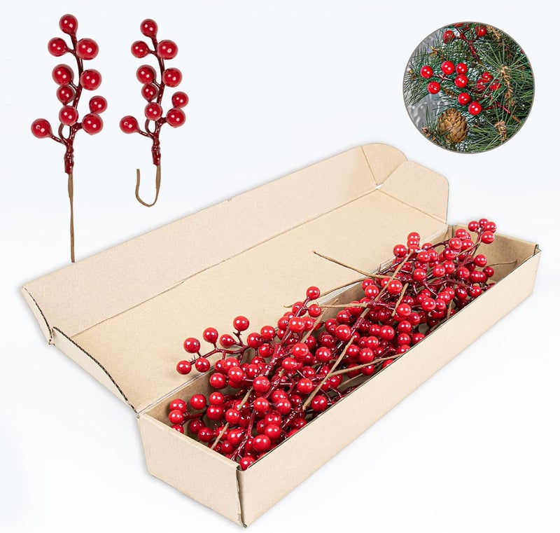 LLZLL 32 Pack Christmas Tree Decorations, Artificial Red Berry Stems 6.5 Inch Christmas Berry Picks with Holly Berries for Xmas Winter Holiday Home DIY Ornaments - Image 1
