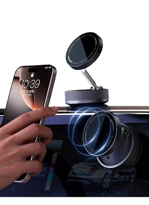 Magnetic Car Phone Holder,with Foldable Stand, Suction Cup Mount Made of Zinc Alloy, Multi-Angle Rotation, Includes Mirror Stickers, Magnetic Sheets, Hex Wrench, and Foldable Bracket for Easy Installation.