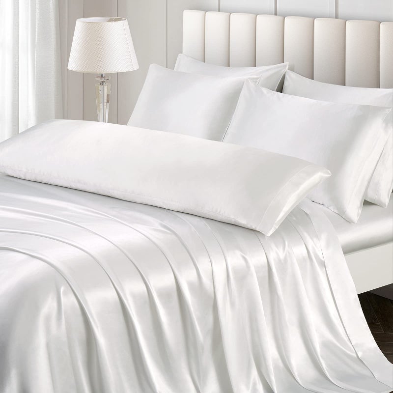 Ersmak 7 Pieces Satin Sheets Set King Size Luxury Silky Ivory White Satin Bed Sheets Set with 1 Deep Pocket Fitted Sheet 1 Soft Flat Sheet 4 King Pillowcases and 1 Body Pillowcase