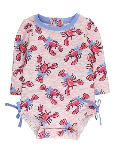 RuffleButts Baby Girls UPF 50 Sun Protection Novelty Print Long Sleeve One Piece Rash Guard Swimsuit with Zipper Pink Lobster Lagoon 612m - Image 1