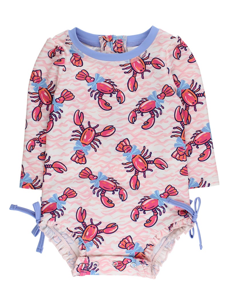 RuffleButts Baby Girls UPF 50 Sun Protection Novelty Print Long Sleeve One Piece Rash Guard Swimsuit with Zipper Pink Lobster Lagoon 612m - Image 2