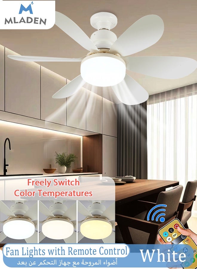 MLADEN مروحة سقف مع أضواء وجهاز تحكم عن بعد، لقاعدة E27 مروحة بمقبس صغير بثلاثة ألوان قابلة للتعتيم ومروحة سقف صغيرة مزودة بـ 6 شفرات لغرفة النوم والمطبخ والغرف الصغيرة ومروحة صامتة - Image 1
