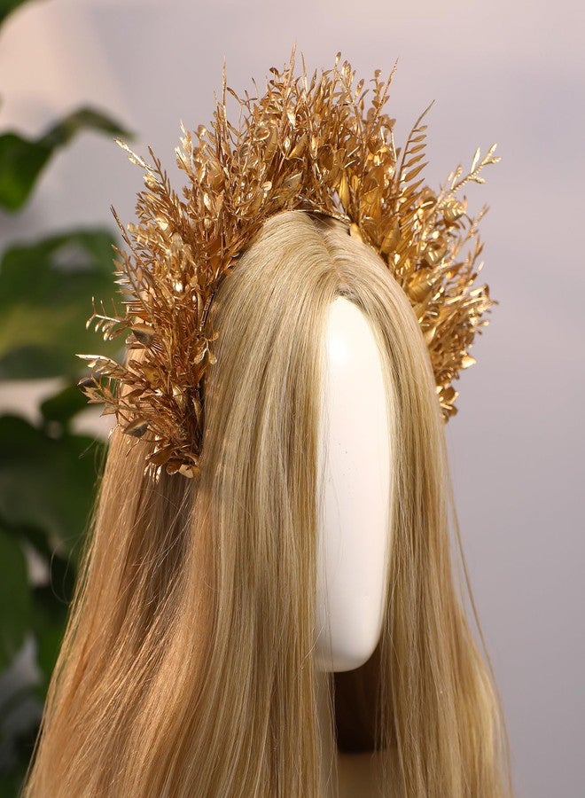 MOSTORY Flower Halo Crown Headband - Handmade Fairy Goddess Hairband Floral Queen Crown for Women Party Festival Renaissance Renfaire Cosplay Photo Shoot Gold - Image 3