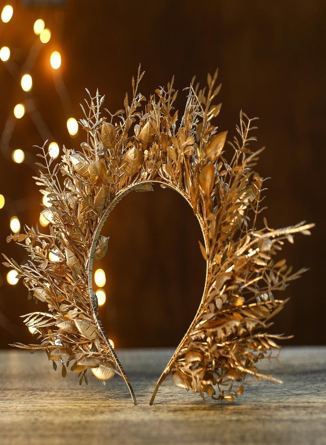 MOSTORY Flower Halo Crown Headband - Handmade Fairy Goddess Hairband Floral Queen Crown for Women Party Festival Renaissance Renfaire Cosplay Photo Shoot Gold - Image 4