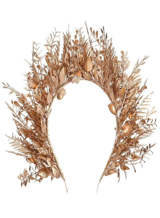 MOSTORY Flower Halo Crown Headband - Handmade Fairy Goddess Hairband Floral Queen Crown for Women Party Festival Renaissance Renfaire Cosplay Photo Shoot Gold - Image 1