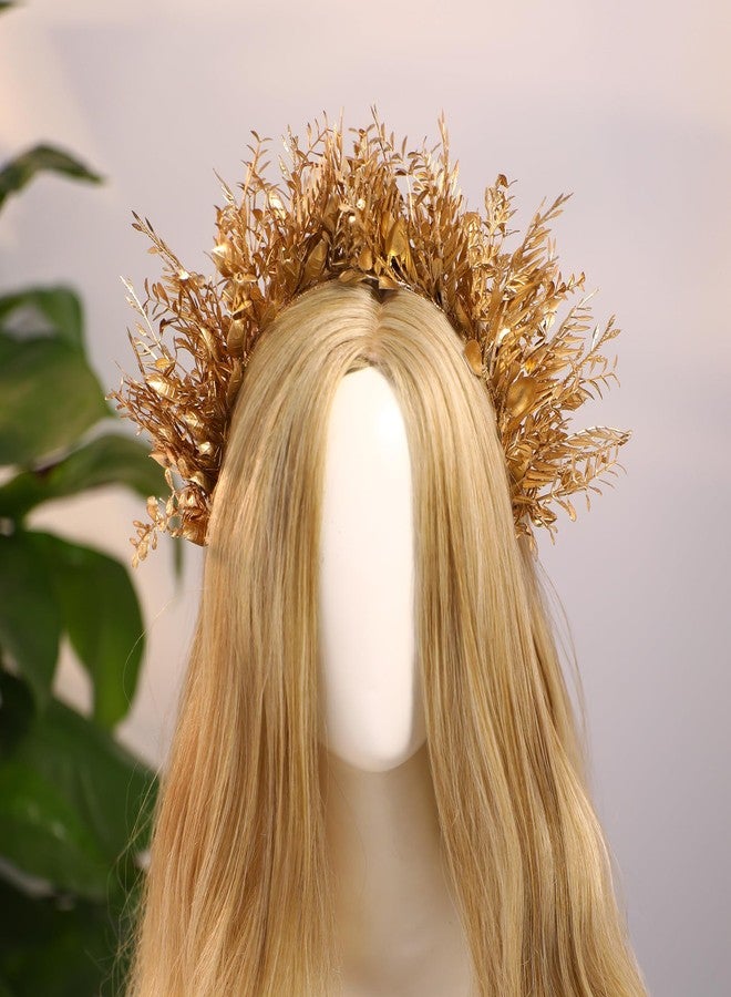 MOSTORY Flower Halo Crown Headband - Handmade Fairy Goddess Hairband Floral Queen Crown for Women Party Festival Renaissance Renfaire Cosplay Photo Shoot Gold - Image 2