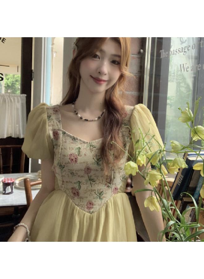 Tea Break French Style Puff Sleeve Dress Women's Summer High-grade Temperament Long Skirt Waist-tight Gentle Style Fairy Skirt 