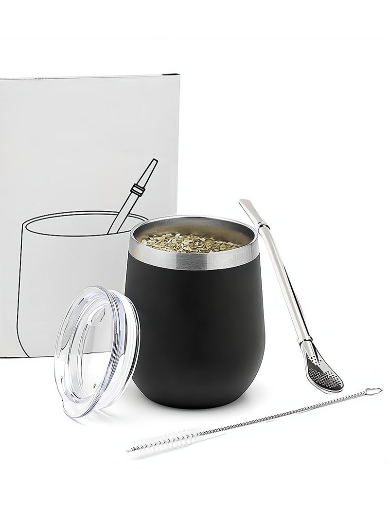 Premium Yerba Mate Tea Set with Stainless Steel Cup and Bombilla Straw 12oz Double Wall Easy to Clean Black and Silver - Image 1
