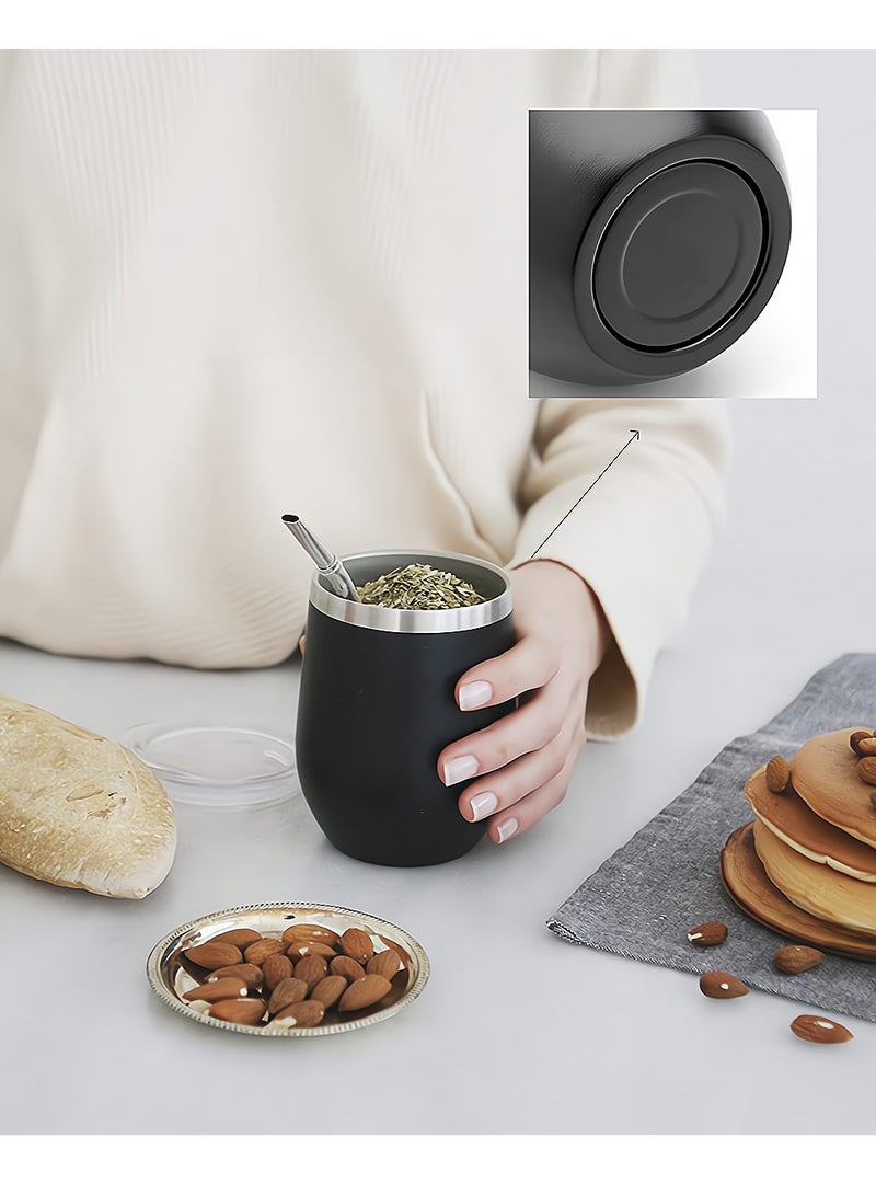 Premium Yerba Mate Tea Set with Stainless Steel Cup and Bombilla Straw 12oz Double Wall Easy to Clean Black and Silver - Image 5