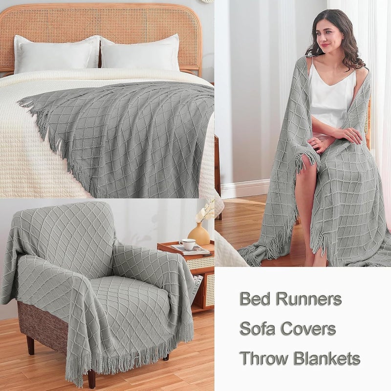 Light luxury simple solid color knitted tassel decorative blanket cotton sofa bed cover gray 60*260cm - Image 3