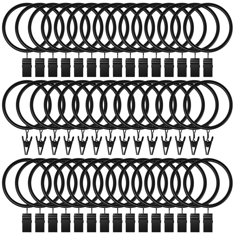 Lansian 72 Pack Curtain Rings with Clips Hooks 15 inch Rustproof Matte Metal Drapery Rings for Tension Rod Bracket Eyelets Decorative Hangers Vintage Black 15 Interior Diameter