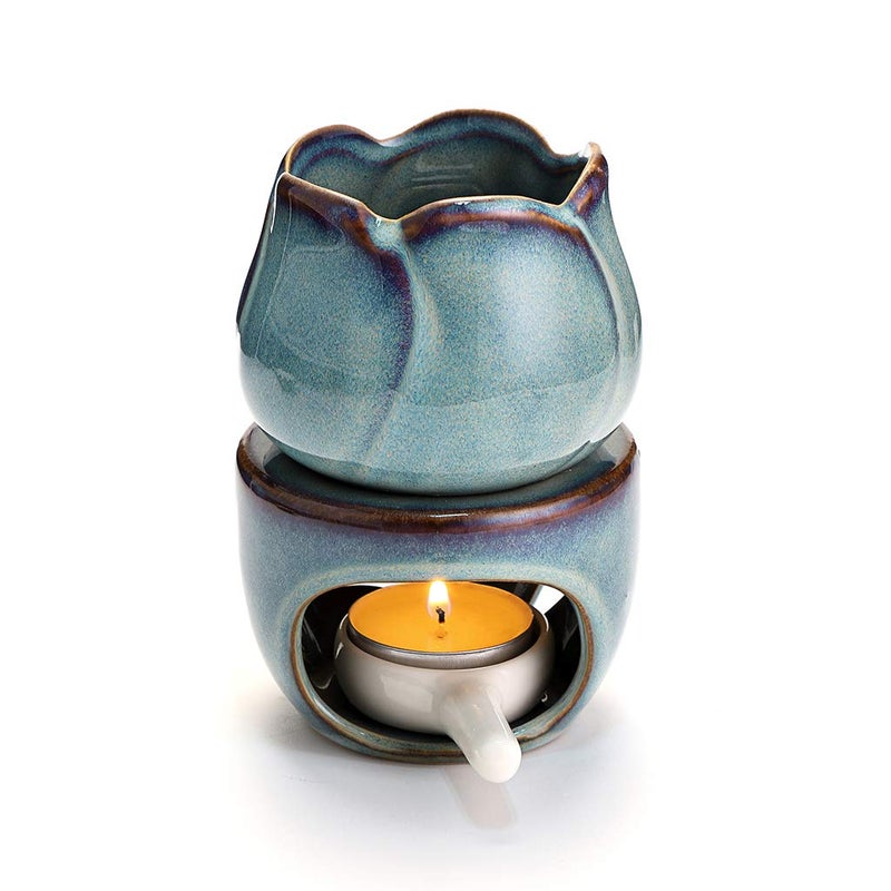 BSTKEY Ceramic Essential Oil Burner Wax Melt Burner with Candle Spoon Decorative Aroma Tealight Candle Holder Oil Burner for Wax Melt Flower Model Blue