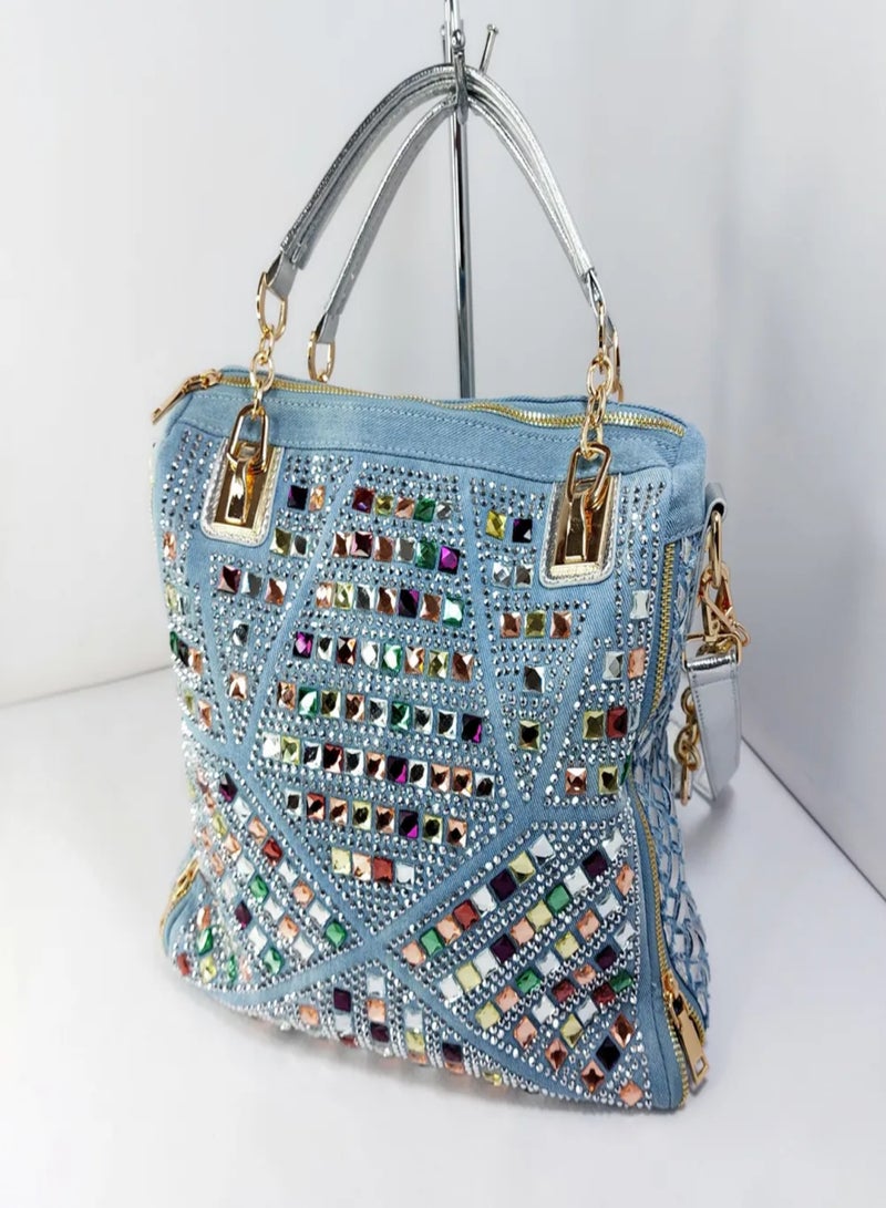 Denim Tote Bag Diamond Shoulder Bag Braided Large Capacity Crossbody Canvas Bag - Image 4