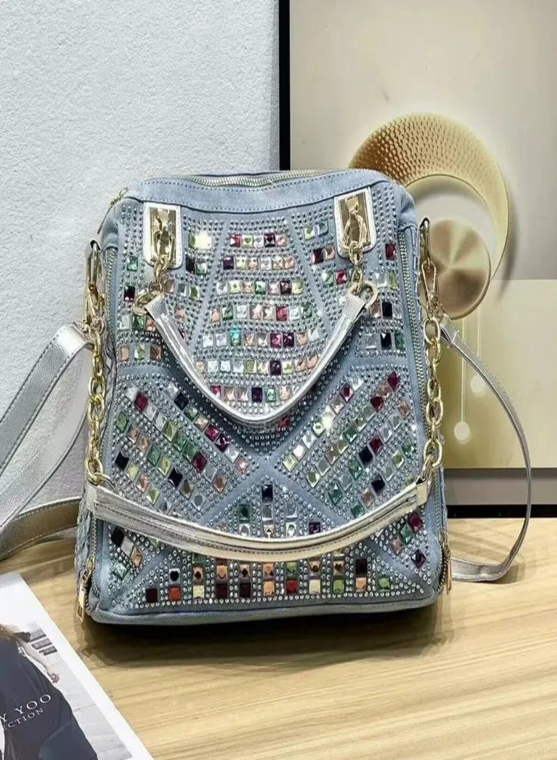 Denim Tote Bag Diamond Shoulder Bag Braided Large Capacity Crossbody Canvas Bag - Image 3