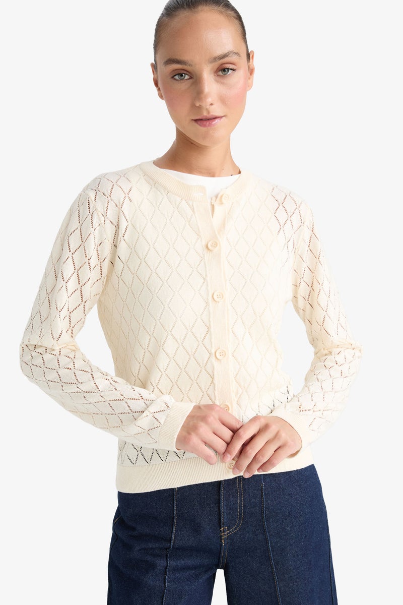 DeFacto Beige Woman Regular Fit Crew Neck Long Sleeve Cardigan Casual - Image 1