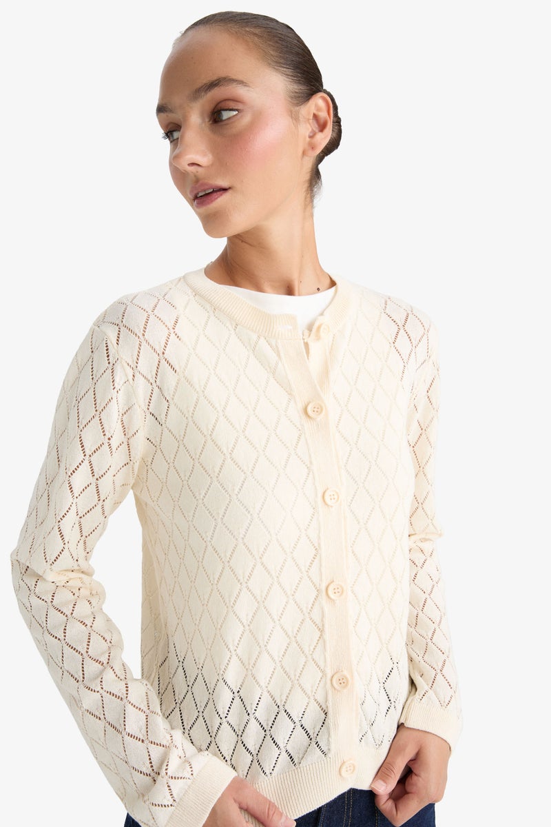 DeFacto Beige Woman Regular Fit Crew Neck Long Sleeve Cardigan Casual - Image 5