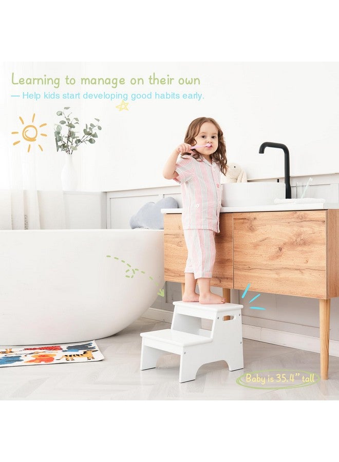 Forbena Wood Toddler Step Stool for Bathroom Sink, White Kids Toilet Step Stool for Potty Training, Small Child Baby Girl Boy 2 Stepping Stool with Handle for Kitchen Counter Nursery Bedroom Closet - Image 2