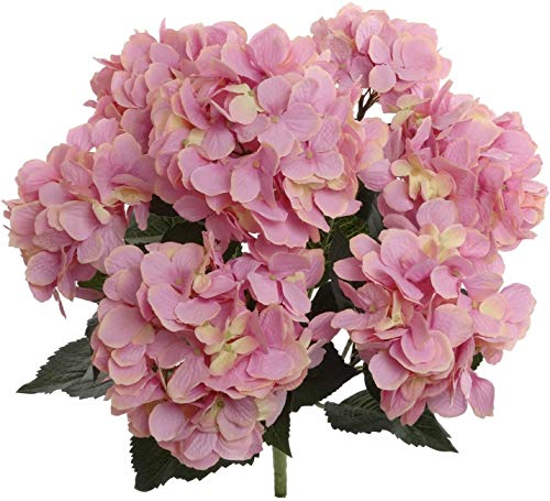 Larksilk Hydrangea Silk Flower Bush Seven Heads Per Bush Real Touch UV Resistant Indoor Outdoor Silk Plant with Adjustable Stem and Rich Green Leaves Faux Outdoor Pink Hydrangeas for Wedding