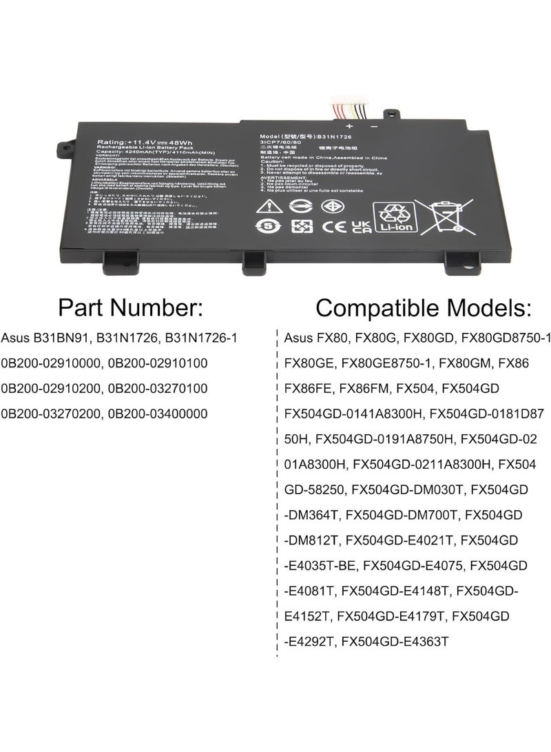 B31N1726 Laptop Battery for ASUS TUF A15 FA506 FA506IV FX504 FX504GM FX505 FX505D FX505DT FX505DV FX505DY FX504GD FX504GE FX80 FX80GM FX80GE FX80GD FX80GD FX80GD 86 FFX8 6FM FX86FE Gaming A17 FA706
