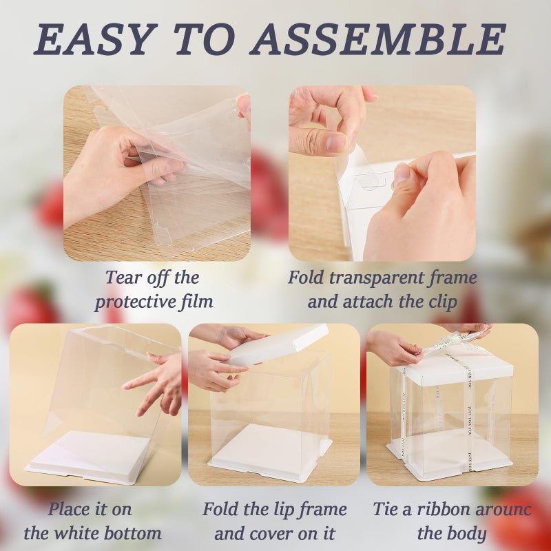 CHENZEM 8Pcs Tall Cake Boxes Clear Box with Ribbon, 8x8x9 inch, for 6" cajas para pasteles Tiered Cakes,Transport Gift Boxes for Wedding Valentine'Day and Gift Display. (White, 8 * 8 * 9 inch/8pcs) - Image 5