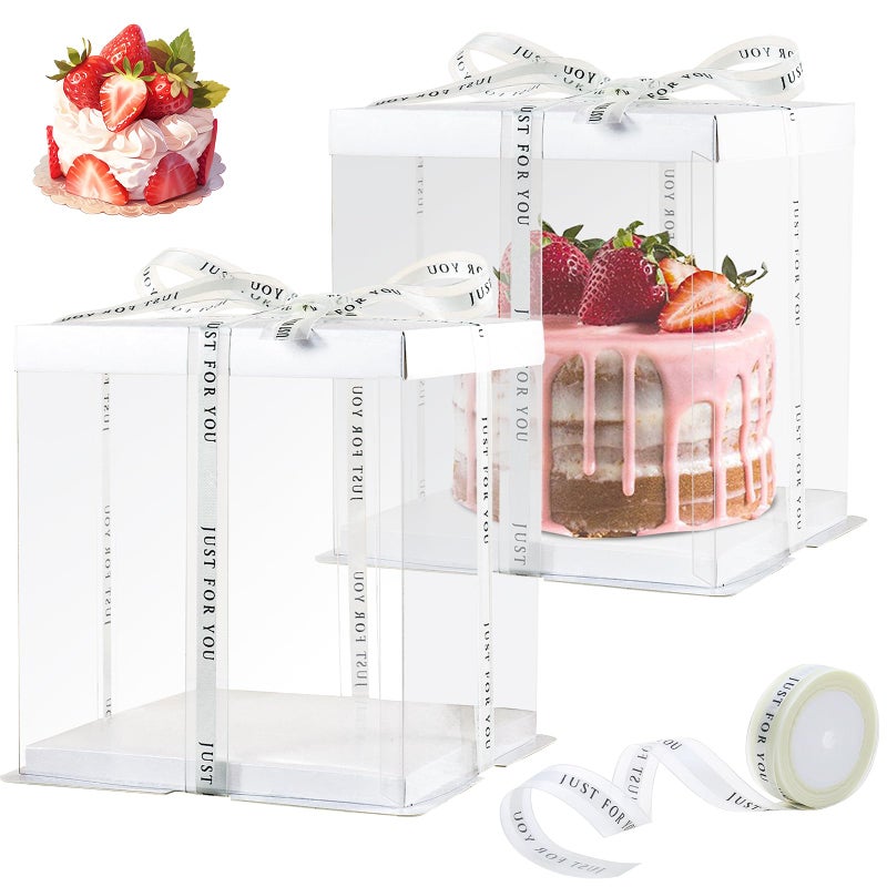 CHENZEM 8Pcs Tall Cake Boxes Clear Box with Ribbon, 8x8x9 inch, for 6" cajas para pasteles Tiered Cakes,Transport Gift Boxes for Wedding Valentine'Day and Gift Display. (White, 8 * 8 * 9 inch/8pcs) - Image 2
