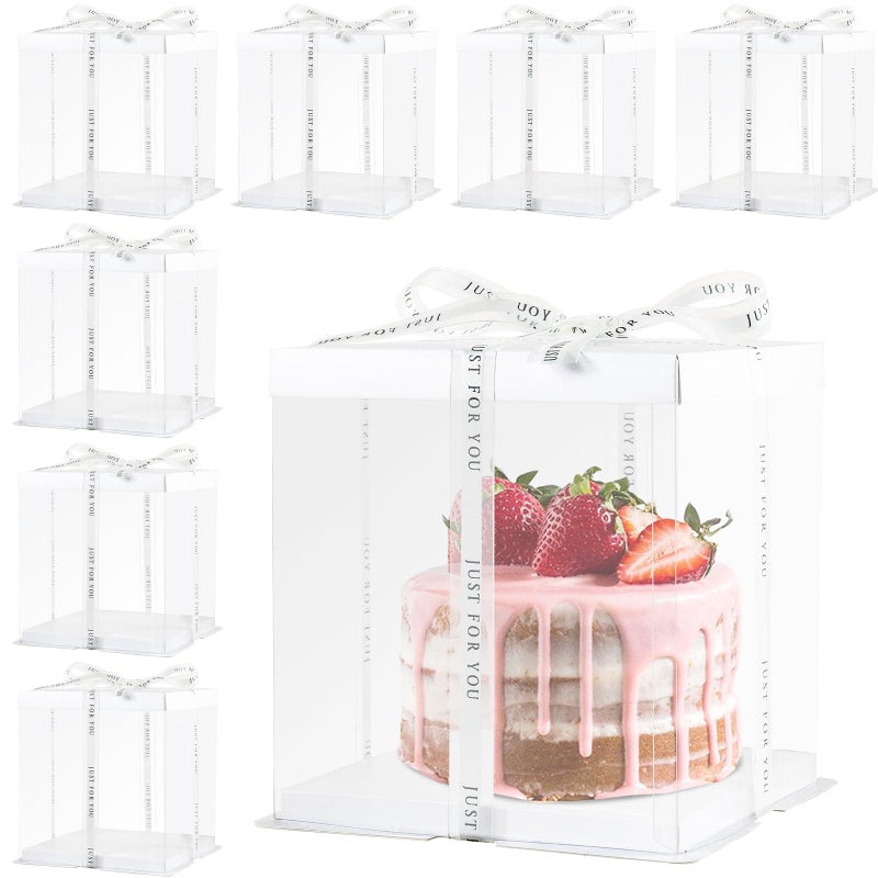 CHENZEM 8Pcs Tall Cake Boxes Clear Box with Ribbon, 8x8x9 inch, for 6" cajas para pasteles Tiered Cakes,Transport Gift Boxes for Wedding Valentine'Day and Gift Display. (White, 8 * 8 * 9 inch/8pcs) - Image 1