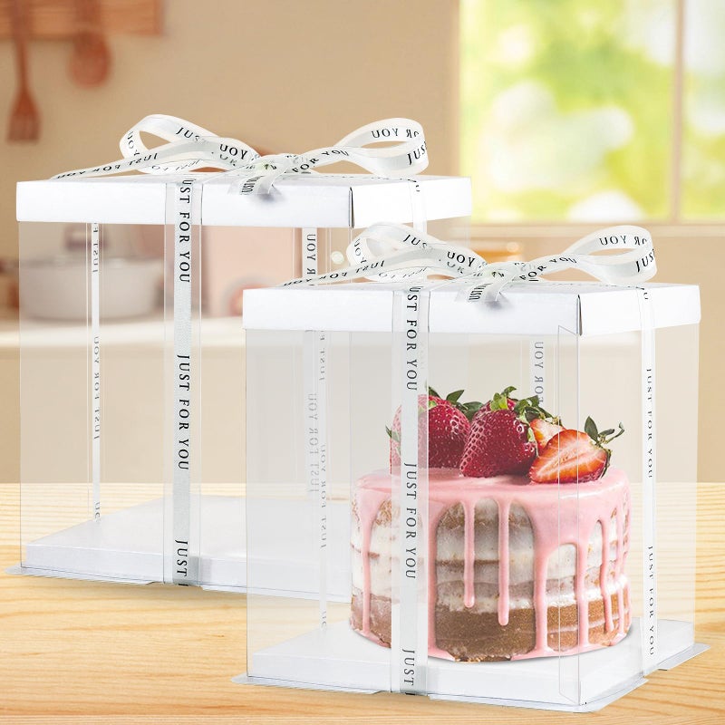 CHENZEM 8Pcs Tall Cake Boxes Clear Box with Ribbon, 8x8x9 inch, for 6" cajas para pasteles Tiered Cakes,Transport Gift Boxes for Wedding Valentine'Day and Gift Display. (White, 8 * 8 * 9 inch/8pcs) - Image 4