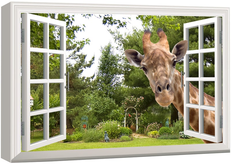 wall26 wall26 Canvas Print Wall Art Window View 3D Giraffe Illusion in Forest Nature Wilderness Photography Modern Art Rustic Scenic Colorful Ultra for Living Room Bedroom Office  24x36 