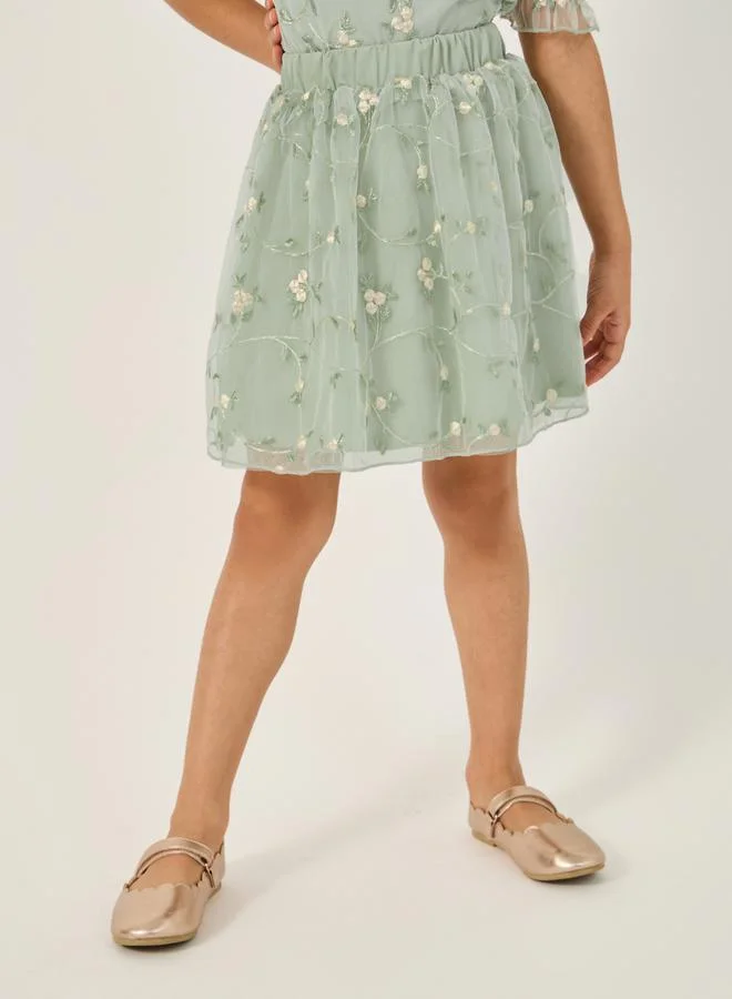 Styli Embroidered Mesh Top and Skirts Set