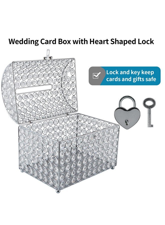 MDLUU MDLUU Wedding Card Holder Box, Treasure Chest Wedding Money Box with Heart Shaped Lock, Crystal Bead Card Receiving Box for Wedding, Birthday, Graduation (Silver) - Image 4