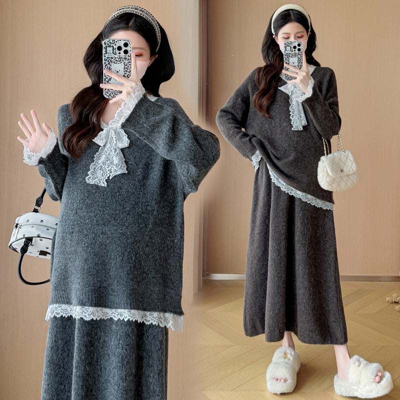 Internet Celebrity New Pregnant Women's Autumn and Winter suit plus size Fashion Elegant Fashionable Mom Sweater Cardigan Skirt Two-Piece Set - Image 4