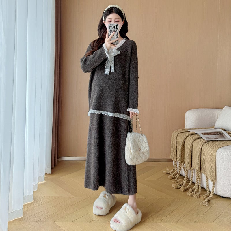 Internet Celebrity New Pregnant Women's Autumn and Winter suit plus size Fashion Elegant Fashionable Mom Sweater Cardigan Skirt Two-Piece Set - Image 5