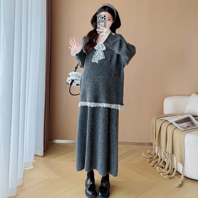 Internet Celebrity New Pregnant Women's Autumn and Winter suit plus size Fashion Elegant Fashionable Mom Sweater Cardigan Skirt Two-Piece Set - Image 1
