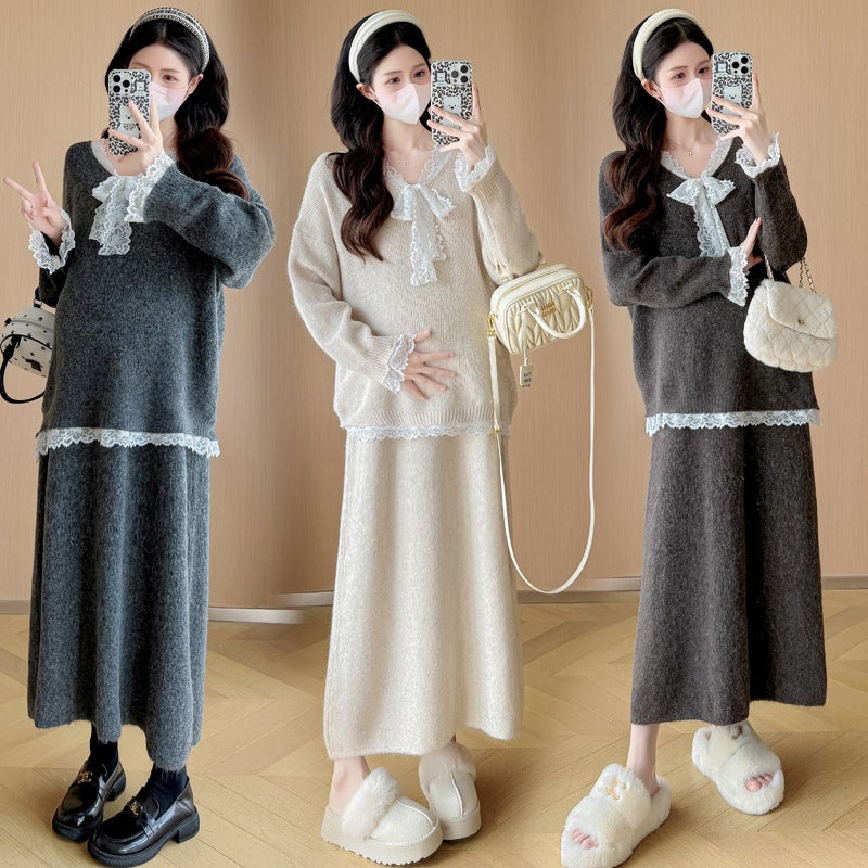 Internet Celebrity New Pregnant Women's Autumn and Winter suit plus size Fashion Elegant Fashionable Mom Sweater Cardigan Skirt Two-Piece Set - Image 3