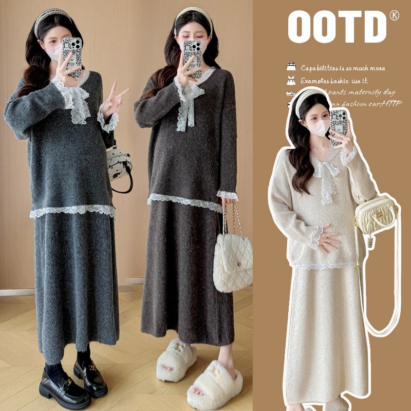 Internet Celebrity New Pregnant Women's Autumn and Winter suit plus size Fashion Elegant Fashionable Mom Sweater Cardigan Skirt Two-Piece Set - Image 2