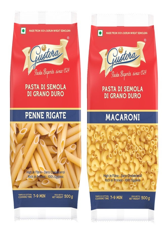 GUSTORA Combo Pack of Penne Rigate Pasta & Macaronoi Pasta I Italian Pasta Combo I Durum Wheat Semolina I Rich in Protein & Fibre I Zero Cholesterol I Cooking Time 10 Min (500gX2) - Image 1