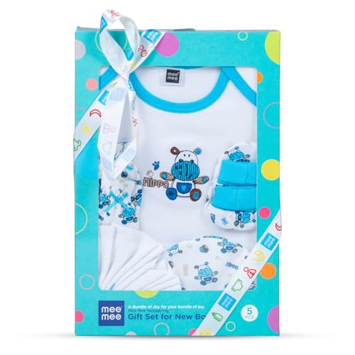 Mee Mee New Born Baby Gift Set | Soft Cotton Clothing Essentials for Infants/Baby Girls, Boys | Baby Shower Clothing Hamper (5 Pieces, Blue)| Ideal Gift for New Born Baby - Image 1