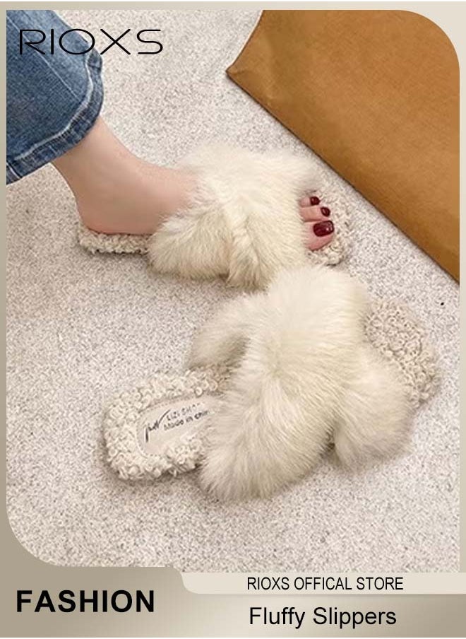 RIOXS Women's Fluffy Slippers, Cross Band Fluffy Slippers For Women, Soft Cozy Open-toe House Slippers, Furry Warm Comfy Slip-ons For Indoor Outdoor Wear, Stylish Anti-Slide Slippers, Convenient for You to Put on or off  - Image 1