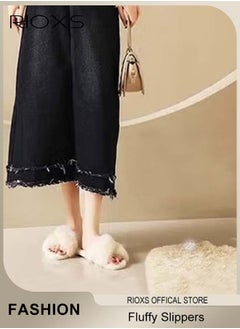 ريوكس شباشب نسائية منفوشة ذات شريط متقاطع للنساء، حذاء منزلي ناعم ومريح ومفتوح من الأمام ومريح ومغطى بالفراء للاستخدام الداخلي أو الخارجي، حذاء أنيق عالي الجودة مضاد للانزلاق، مريح في الارتداء أو الخلع  - Image 4