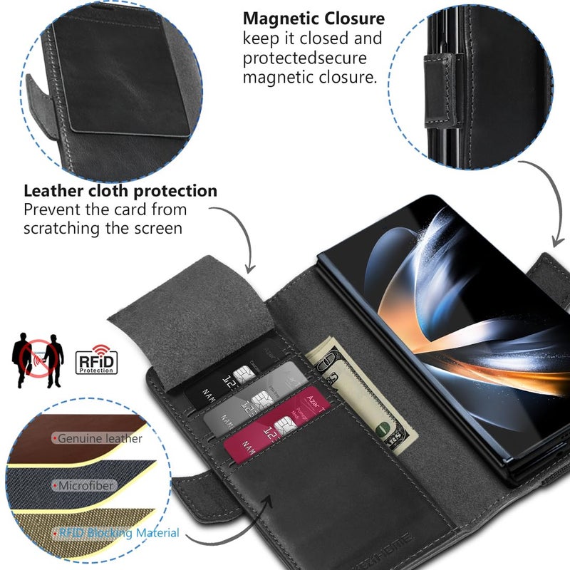 KEZiHOME for Samsung Galaxy Z Fold 6 Case, Genuine Leather Wallet Case [RFID Blocking] with Card Slots Stand Flip Protective Phone Cover Compatible with Galaxy Z Fold 6 5G (Black/Brown) - Image 4