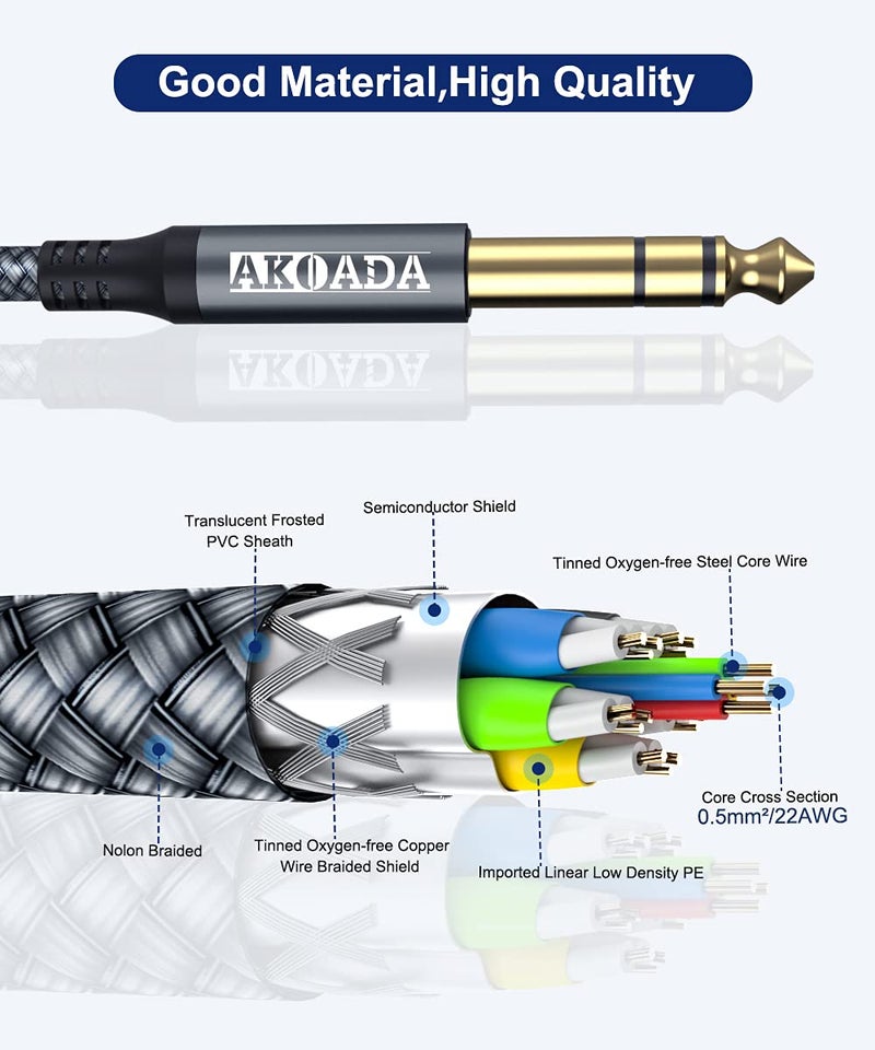 AkoaDa 1/4 Inch TRS Instrument Cable (10ft 2Pack), Right Angle 6.35mm Male Jack Stereo Audio Interconnect Cord,Compatible for Bass,Keyboard,Mixer,Amplifier,Amp,Electric Guitar,Speaker - Image 2