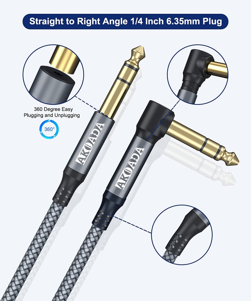AkoaDa 1/4 Inch TRS Instrument Cable (10ft 2Pack), Right Angle 6.35mm Male Jack Stereo Audio Interconnect Cord,Compatible for Bass,Keyboard,Mixer,Amplifier,Amp,Electric Guitar,Speaker - Image 3