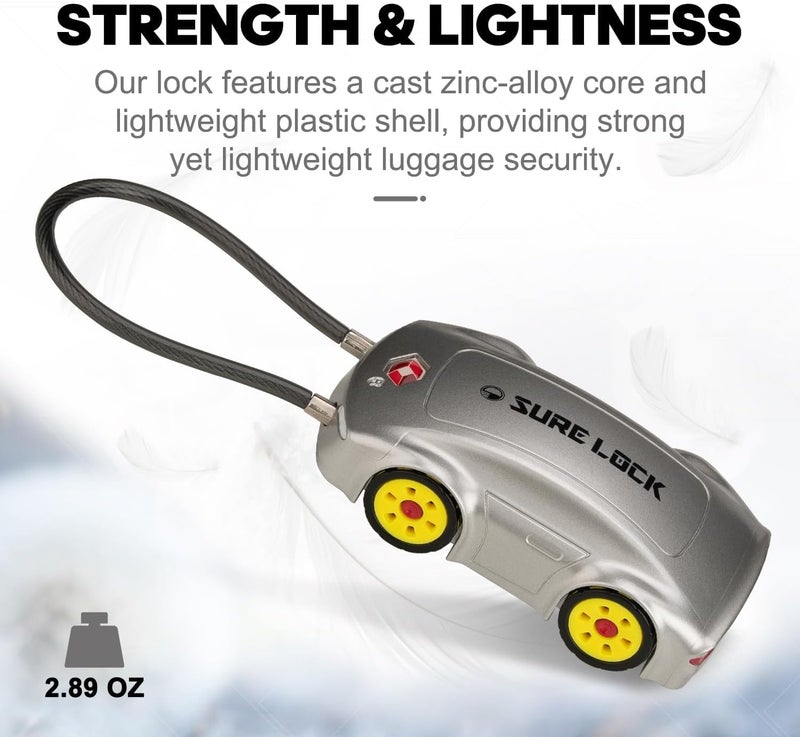SURE LOCK TSA Approved Luggage Locks, 4 Digit Combination Travel Luggage Locks Resettable Code Lock with Zinc Alloy Body for Suitcase, Toolbox, Backpack, Bag, Gym Locker Car Shape Design 1 Pack Grey - Image 3