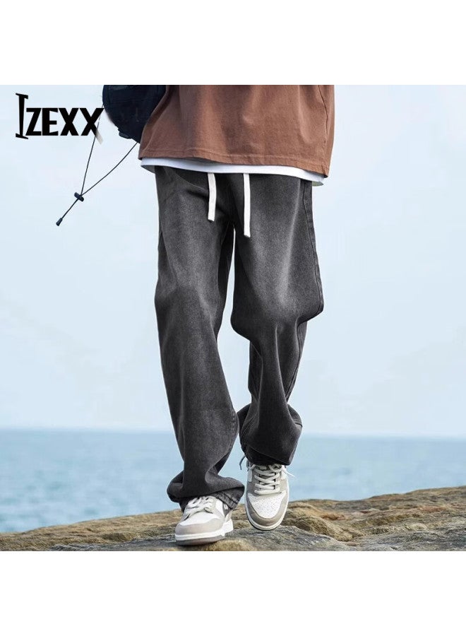 Izexx American Vintage Men's Denim Jeans Spring Trend Brand Wide-leg Casual Loose Straight-leg Pants Xs19 Black Gray L - Image 1