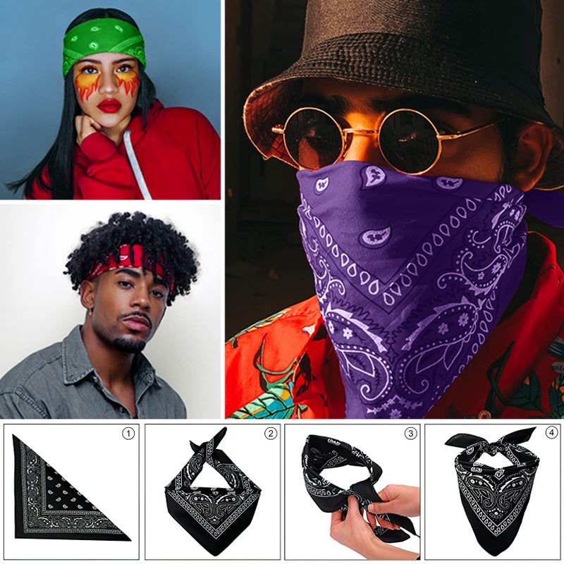 AURUZA 12-44pcs Bandanas, Bandanas for Men Women Paisley Large Bandana Black Red White Head Wrap Headbands Cowboy Bandana Halloween Decorations (12pcs) - Image 4