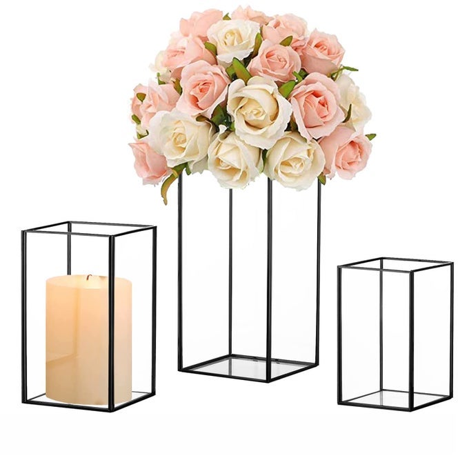 GLASS HURRICANE CANDLE HOLDER SET OF 3 BLACK LARGE HURRICANE CENTERPIECE FOR TABLE TALL FLOOR SQUARE PILLAR CANDLE HOLDERS LANTERN SET FOR WEDDING ANNIVERSARY PARTY FIREPLACE DINING ROOM