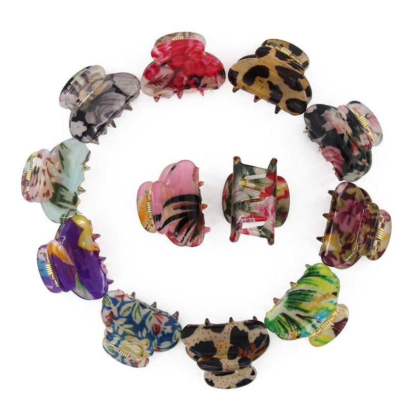 Carede Mini 12 inch Plastic NoSlip Grip Jaw Hair ClipFloral Printed Small Acrylic Hair Claw Clips for Girls and WomenPack of 12