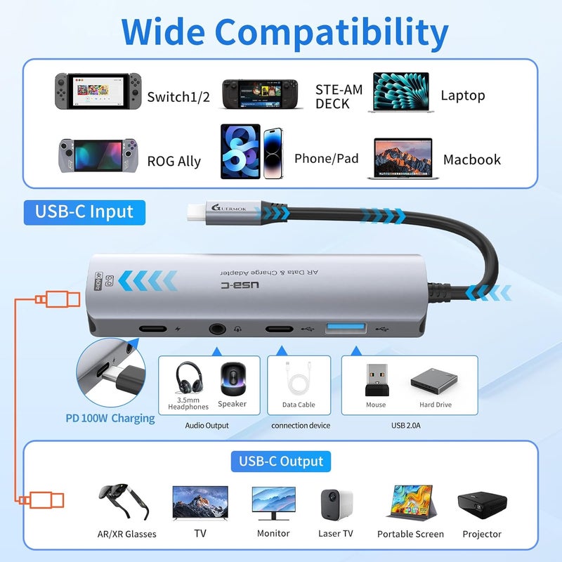 محول Guermok 5 في 1 USB-C لنظارات الواقع المعزز، بقدرة 100 واط PD، ودقة 4K@60Hz، ومنفذ USB/USB-C - متوافق مع أجهزة الواقع المعزز، والشاشات المحمولة، وSwitch 2/1، وشاشات Type-C، وشاشة Studio Display، وأجهزة الكمبيوتر المحمولة، باللون الفضي - Image 3