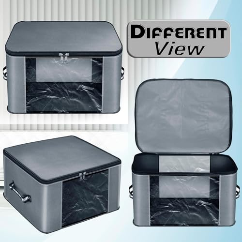 HOLLIO Moisture Proof Nylon Wardrobe Organizer Storage Bag For Clothes with Transparent Pocket Storage box for Clothes Saree Bags with Zippered Closure & Handle (37x35x23 cm) (GREY, SET OF 2) - Image 4